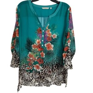 Soft Surroundings Women L Sheer Tunic Blouse Teal Floral Leopard Print‎ Roll Tab